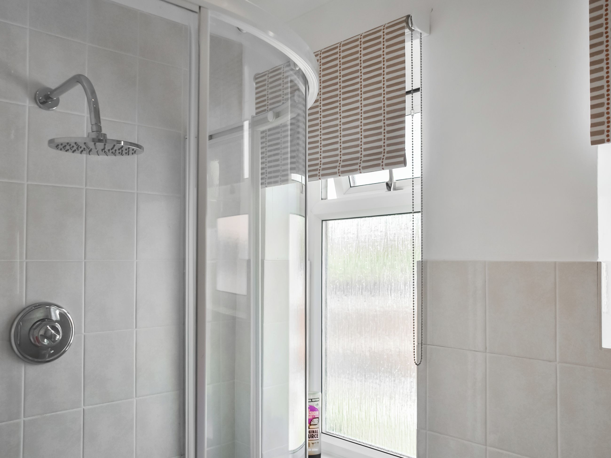 Een douche met een gebogen handdouche en een glazen deur.