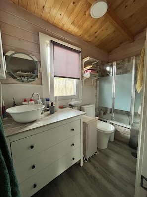 Une petite salle de bain avec un lavabo blanc, un miroir et des toilettes.