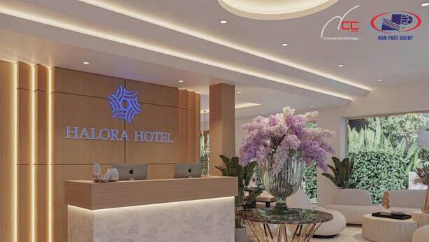A modern hotel reception with a reception desk, a large window with a view of greenery, and a decorative vase with flowers. - Halora Ten Lua Hotel (Ho Chi Minh City)