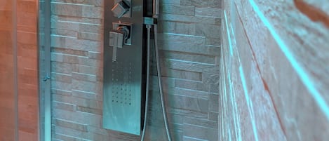 Shower, hair dryer, toilet paper