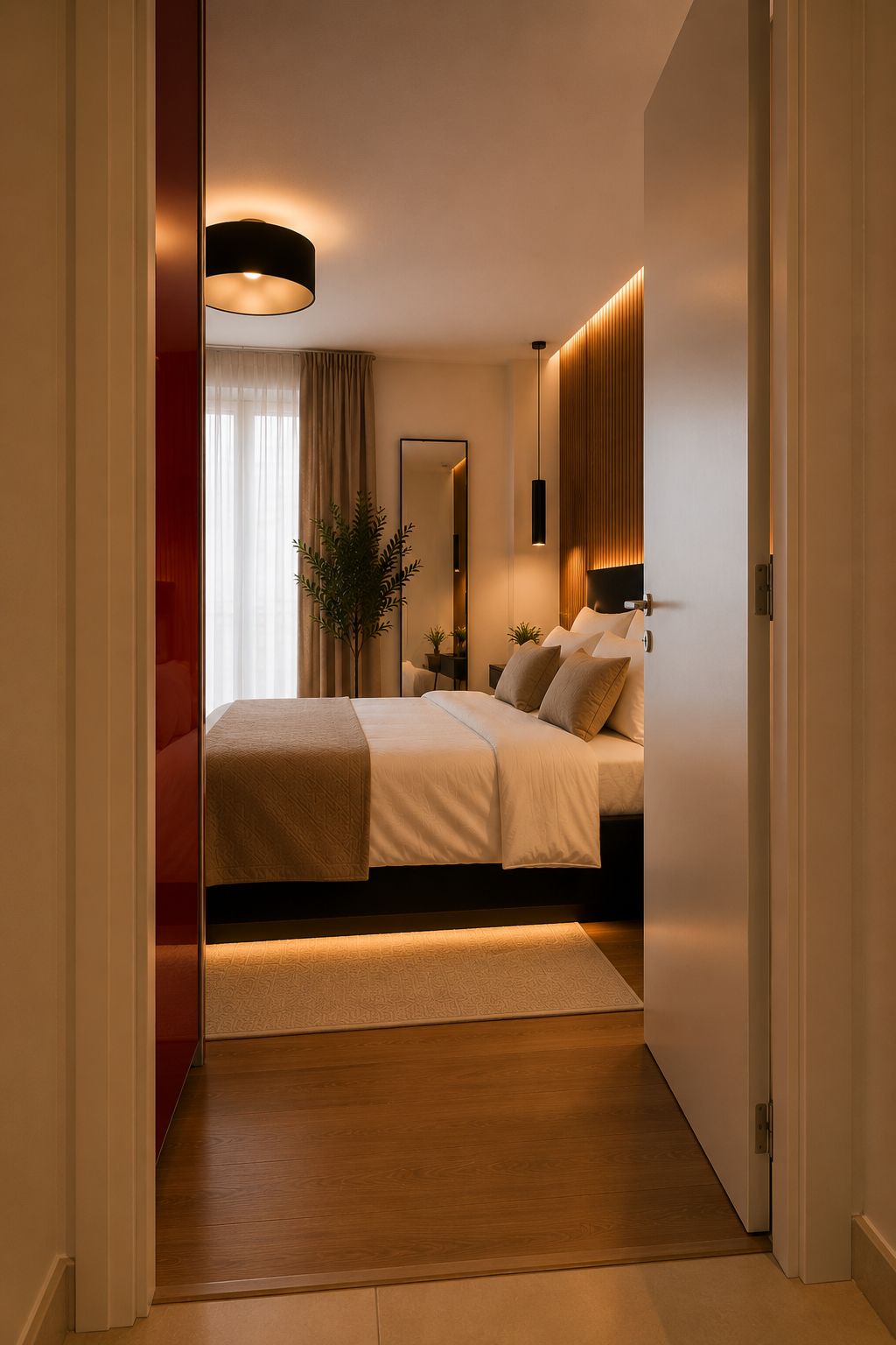 A modern bedroom with a bed, bedside table, lamp, and a mirror.
