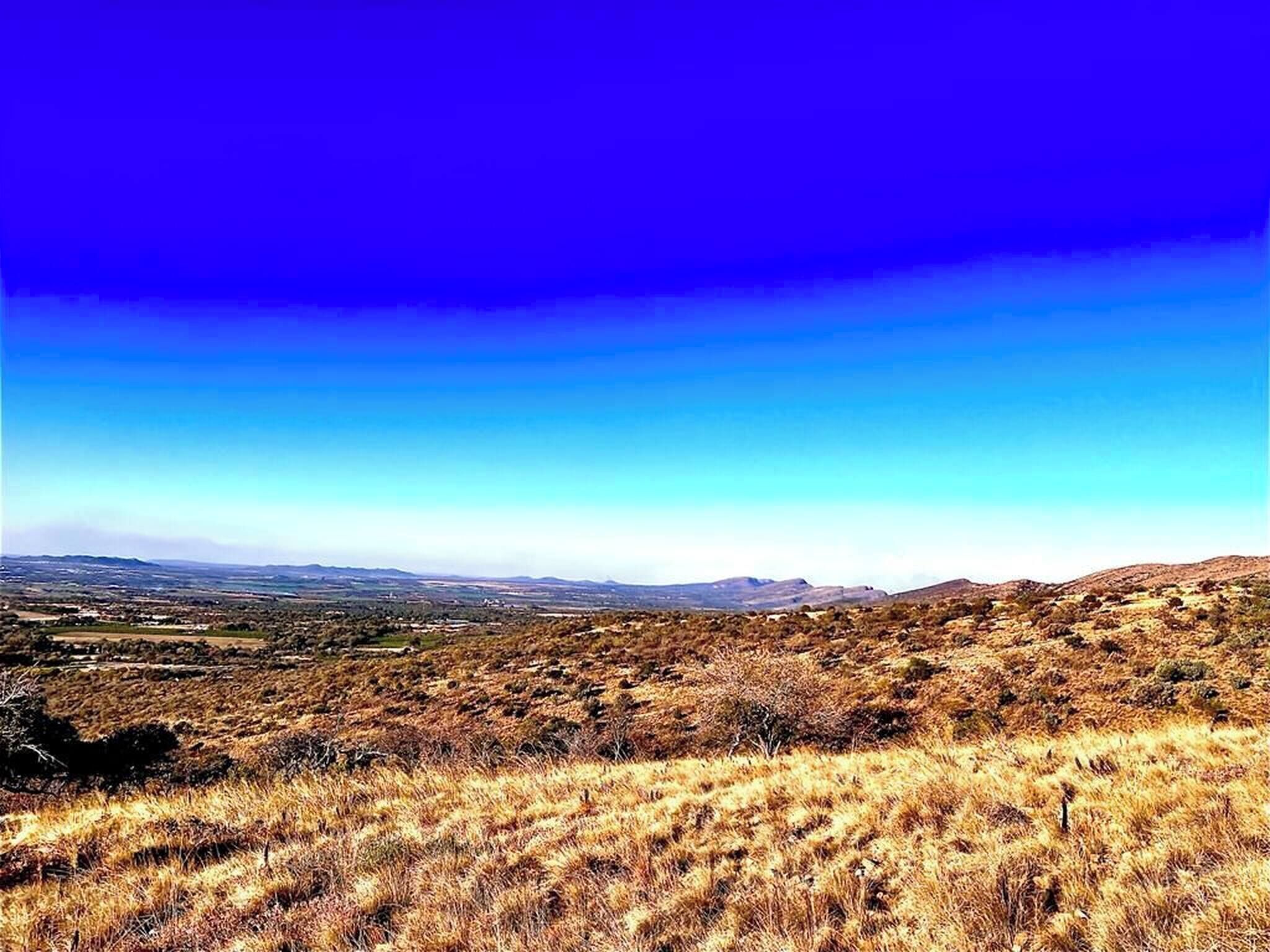 Eine Landschaft mit sanften Hügeln und blauem Himmel.