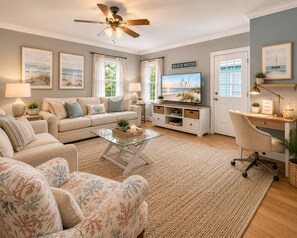 A living room with a sofa, armchair, coffee table, TV, and a desk with a chair. - 5003 R3 Serene Beach Cottage in Gulf Shores 3BR 2 Bath, Sleeps 10 (Gulf Shores)
