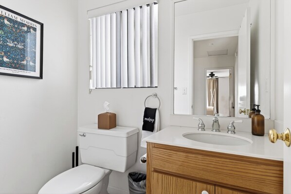A bathroom with a toilet, sink, mirror, and a framed picture on the wall.