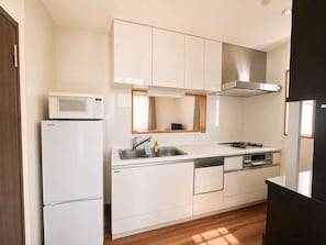 A compact kitchen with a microwave, sink, stove, and dishwasher.