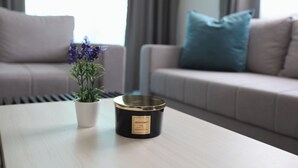 Ein modernes Wohnzimmer mit einer Couch, einem Couchtisch, einer Topfpflanze und einem Behälter mit der Aufschrift 'Aromatherapy Home Premium Edition'.