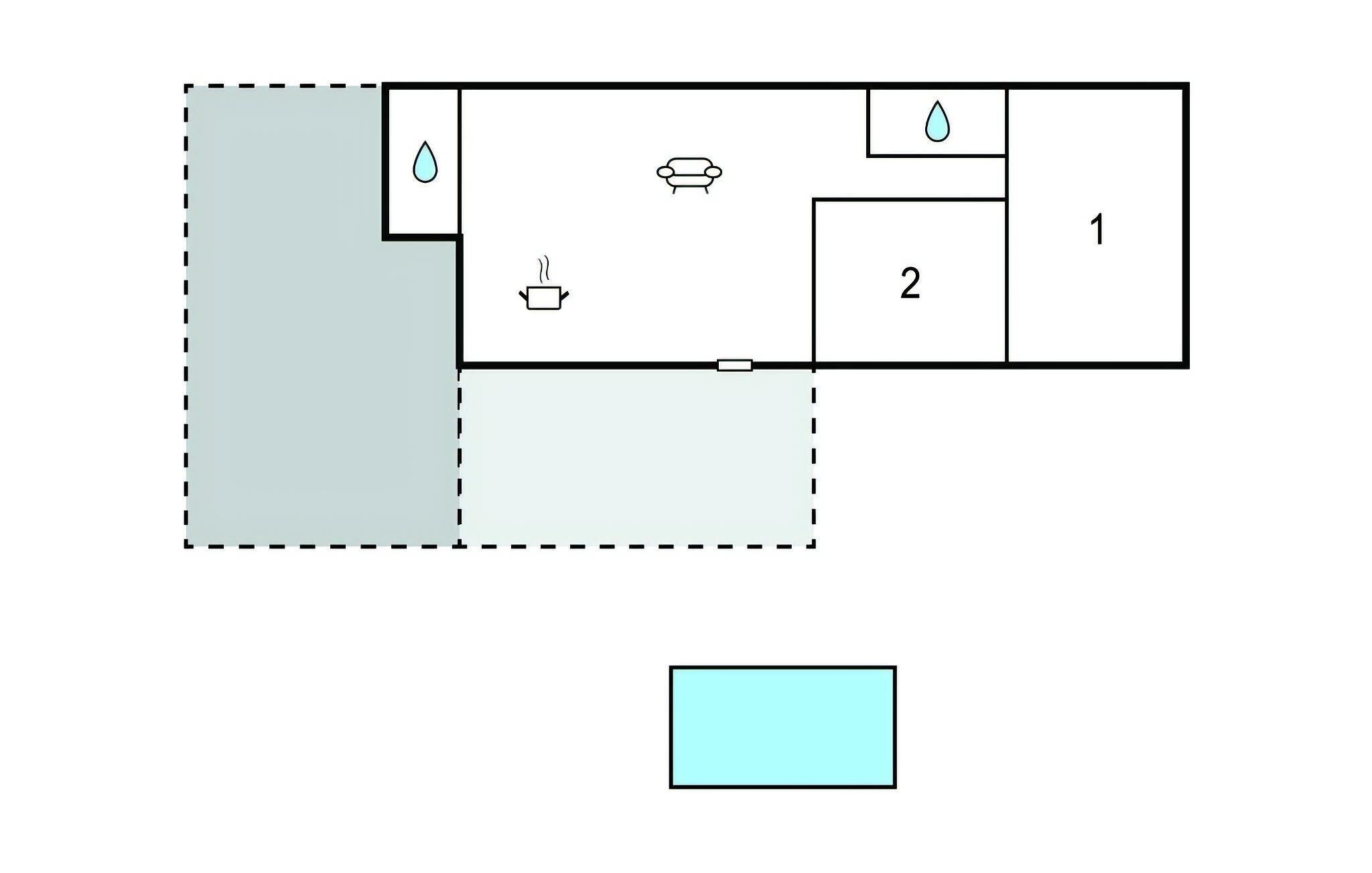 Plànol d'una vivenda amb dues habitacions, un bany i una cuineta.