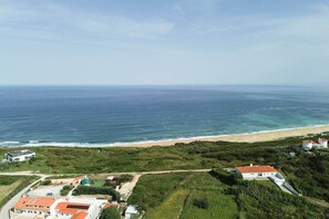 Luftaufnahme einer Küstenregion mit Strand, Häusern und Grünflächen.