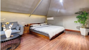 Ein Schlafzimmer mit Schräge, einem Bett, einer Couch, einem kleinen Tisch und einem Topfpflanzen.