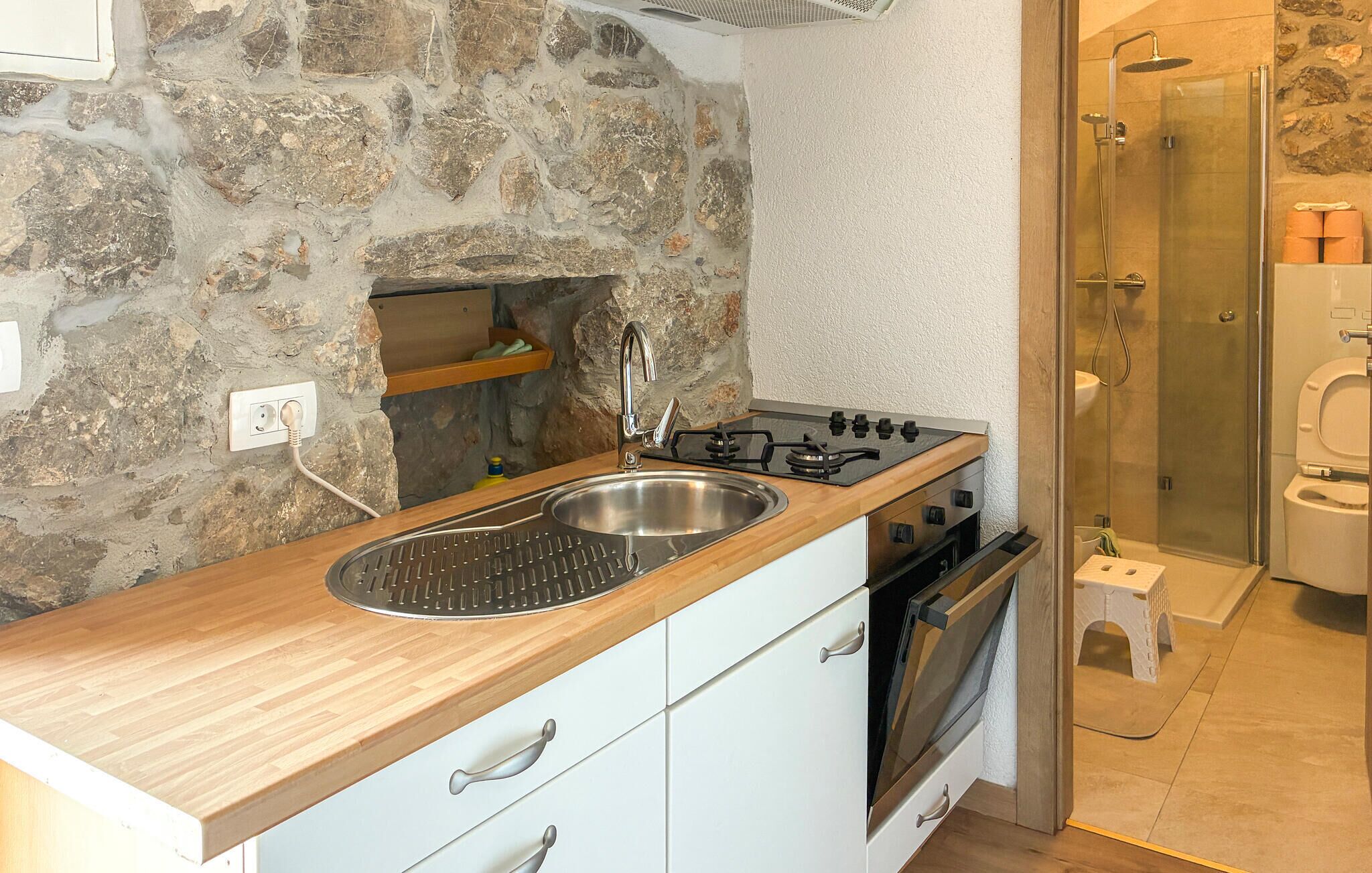 A kitchen with a stone wall, a sink, a stove, and a small oven.