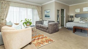 Un salón amplio con sofá, sillón y una alfombra estampada.