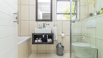Luxury Double Room, Patio | Bathroom | Shower, towels, soap, toilet paper
