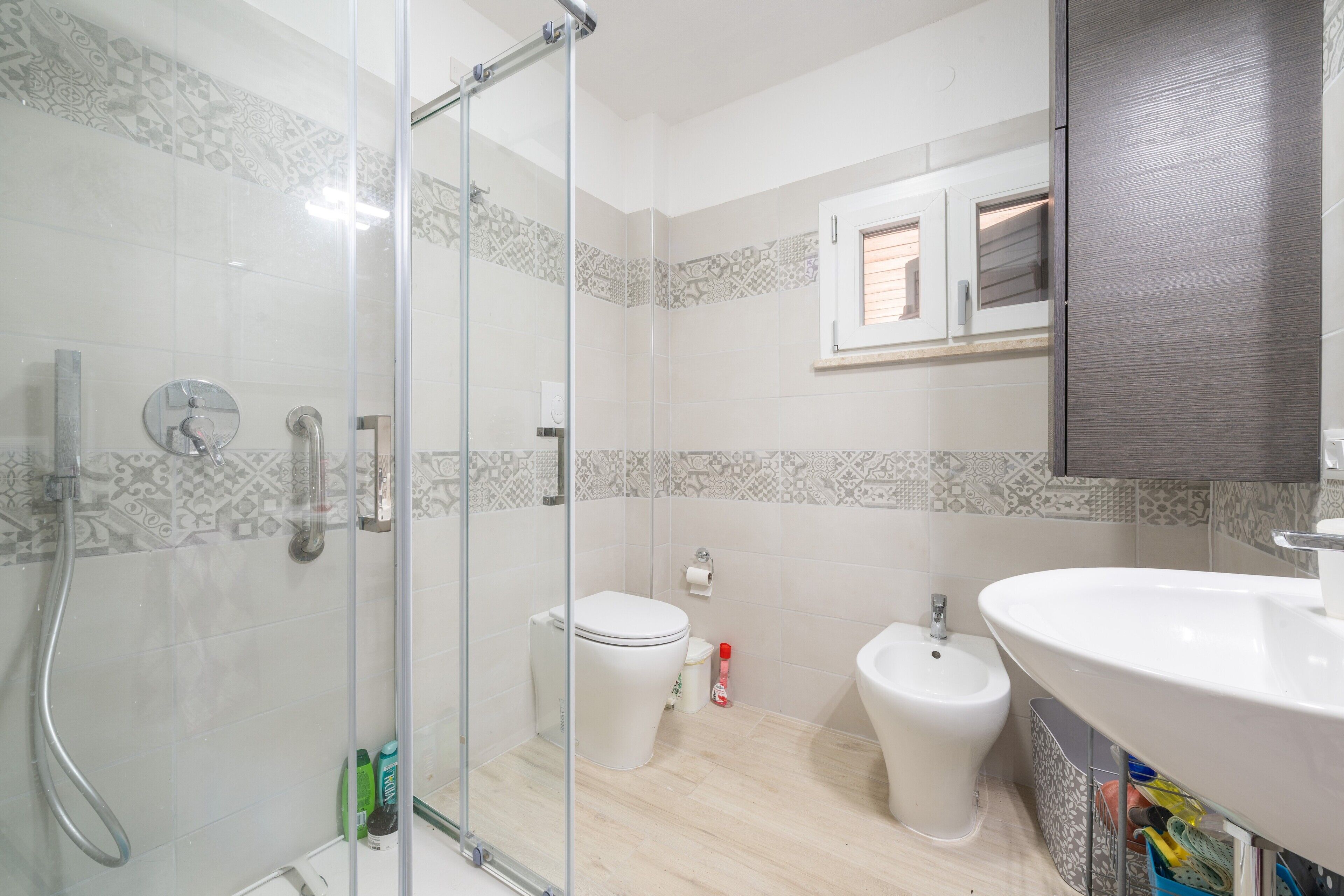 Shower, hair dryer, towels