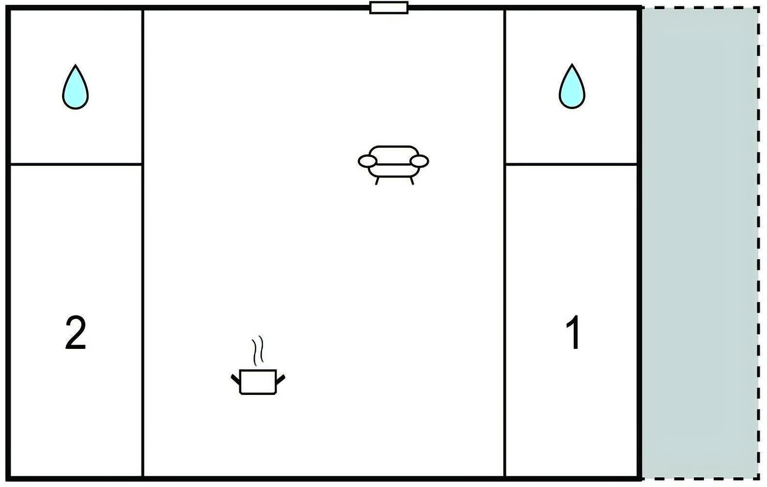 A room layout with a bed, a sink, and a toilet.
