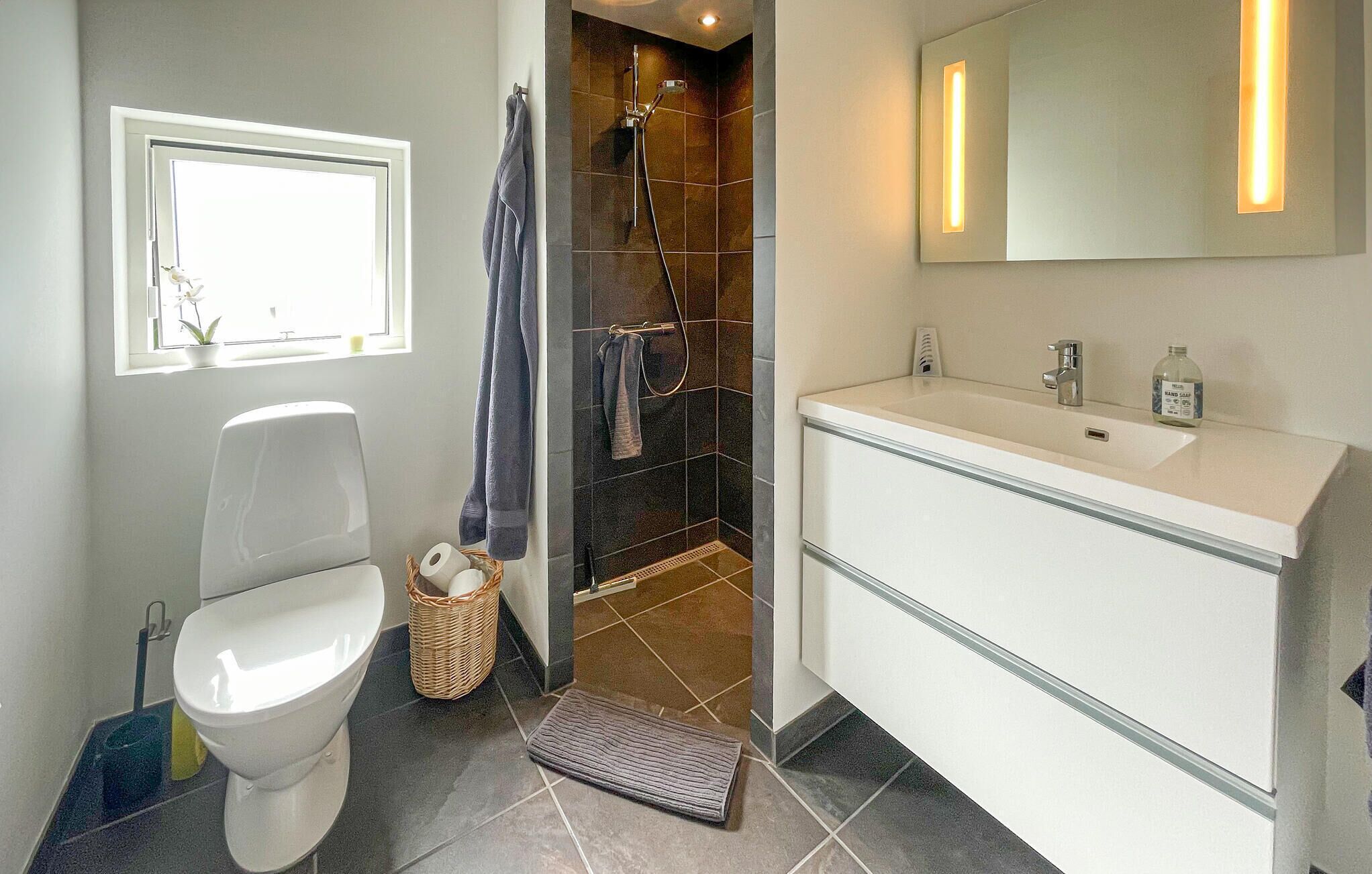 Une salle de bain équipée de toilettes, d’une douche, d’un lavabo et d’un miroir.