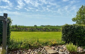 A rural landscape with a stone wall, a grassy field, and a hedge. - 3 bedroom cozy home in Kalundborg (Kalundborg)