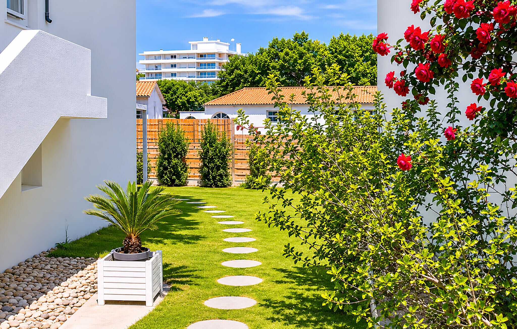 A garden with a pathway, a palm tree, and a bush with red flowers.