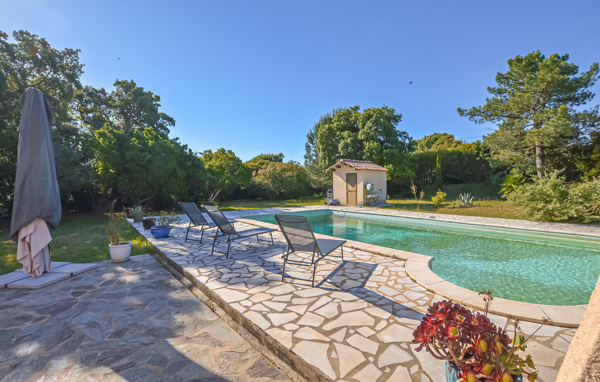 Ein Schwimmbecken mit Liegestühlen, eine kleine Gartenhütte und eine Terrasse aus Stein.