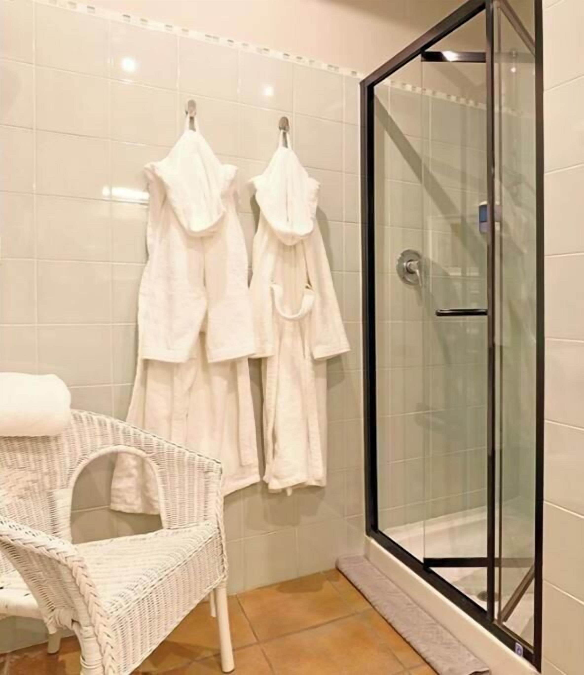 Shower, jetted bath, hair dryer, towels