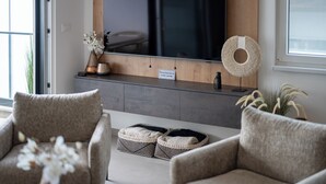 Un salon moderne avec un téléviseur à écran plat, deux canapés, une petite table basse et une plante.