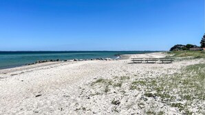 Una playa con cielo despejado, orilla de arena y algunas bancos.
