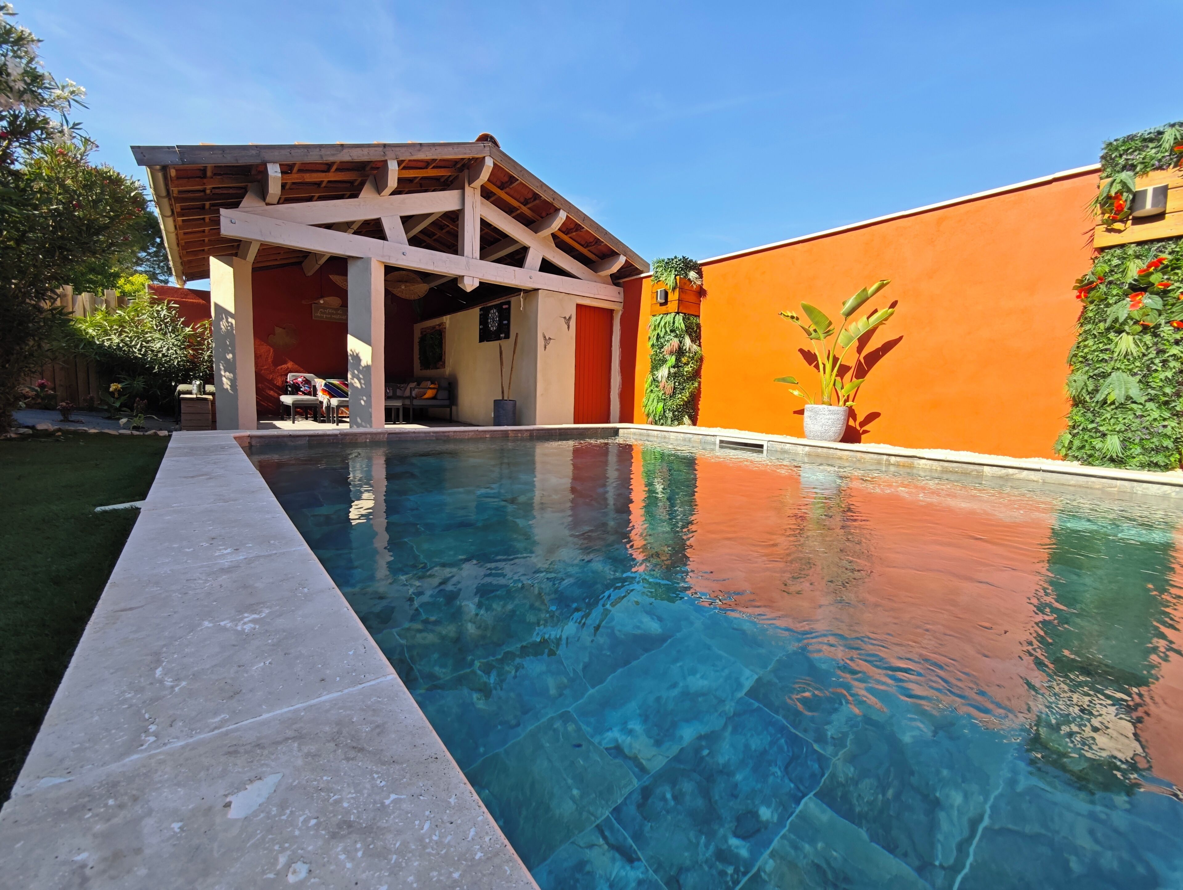 A swimming pool with a wooden pergola and a potted plant.