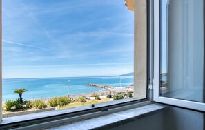 Une vue par la fenêtre sur une zone côtière, avec un ciel dégagé, une digue rocheuse et une zone herbeuse parsemée de plantes.