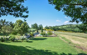 Üppige grüne Landschaft mit Poolbereich, Bäumen und hügeliger Kulisse.
