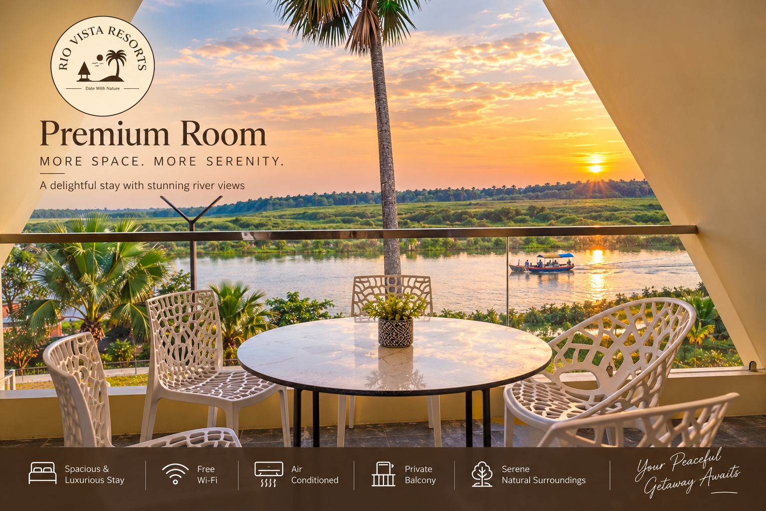 Habitación premium con balcón que da al río, con una mesa y sillas, y vistas al atardecer.