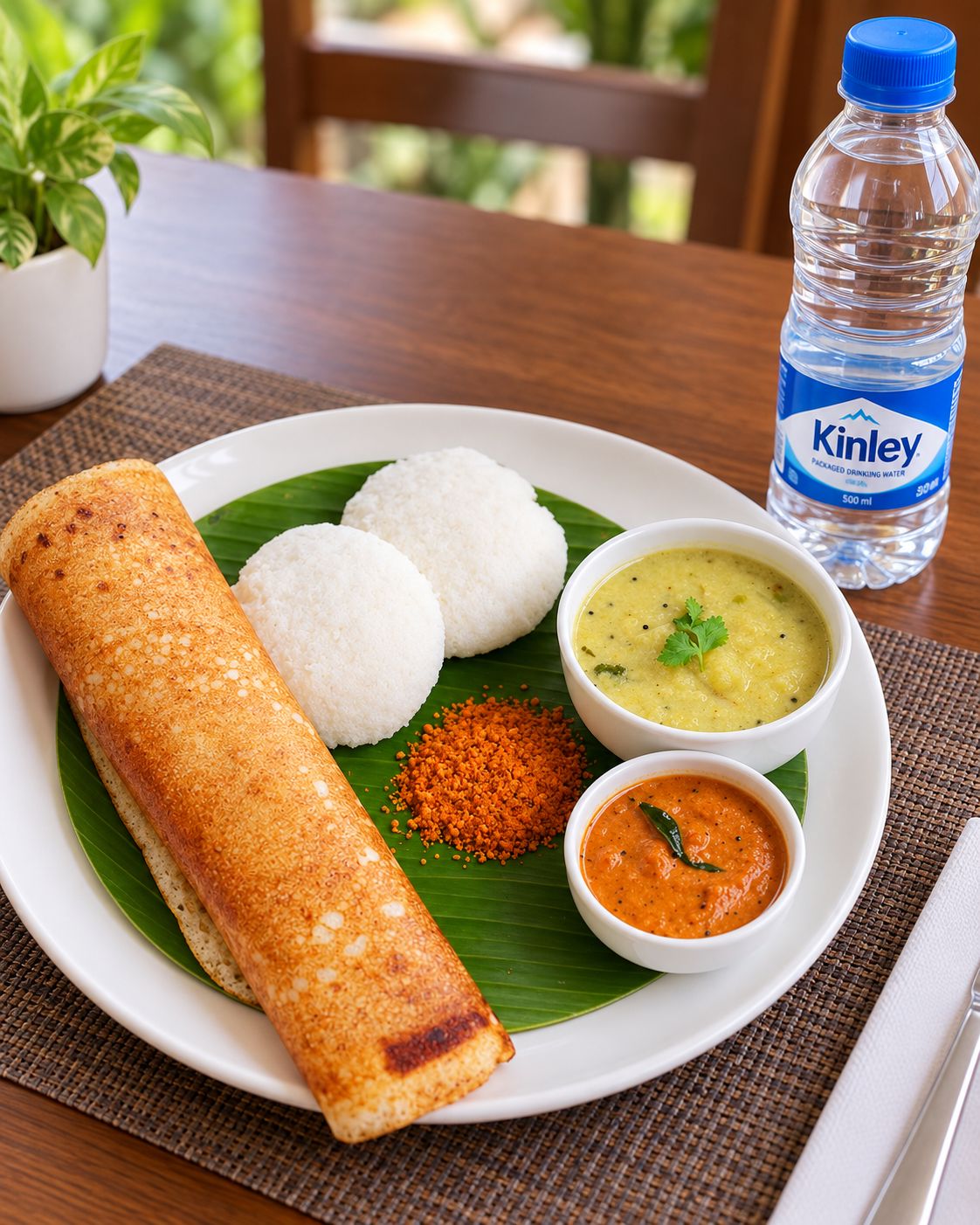 A plate of food with a dosa, two rice balls, and two types of chutney, accompanied by a bottle of water.