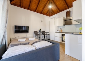 Ein modernes Zimmer mit einem Bett, einem Fernseher, einem Esstisch und einer Küchenzeile.