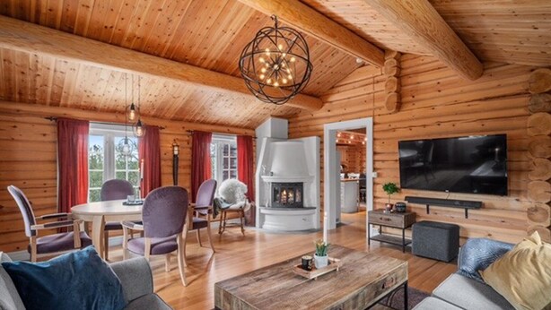 L’intérieur d’une cabane en rondins, avec une cheminée, des meubles en bois et un téléviseur.