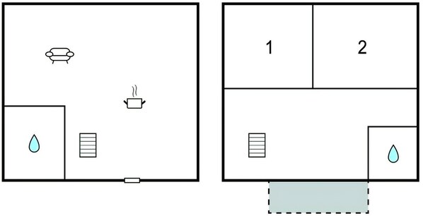 A room layout with a sofa, a kettle, a water droplet icon, and a dashed line indicating a partition. - Nice home in Wisla with house a mountain view (Wisla)