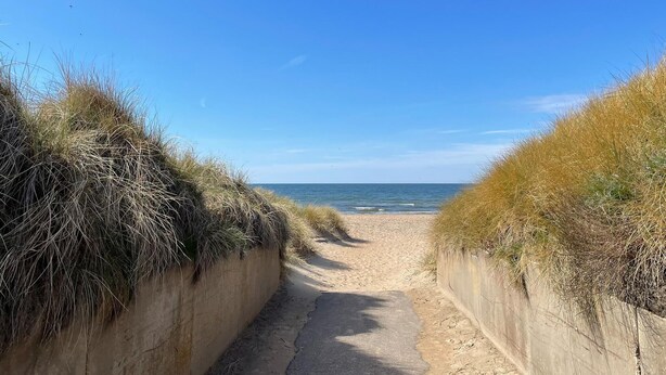 Een strandpad dat naar de zee leidt, begrensd door grasbedekte muren.