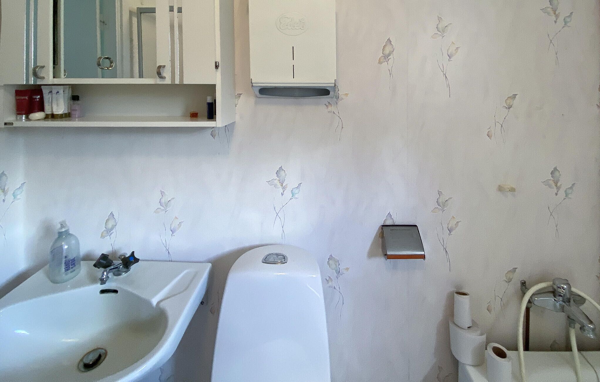 A bathroom with a sink, toilet, and a mirror above the sink.
