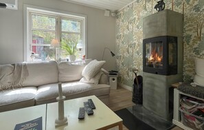 A cozy living room with a fireplace, a sofa, a coffee table with remotes, and a window with a view of greenery. - Pet friendly home in Broaryd with WiFi (Broaryd)