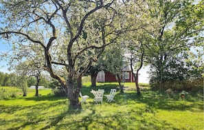 Ein großer Baum mit Picknicktisch und Stühlen auf einer Rasenfläche.