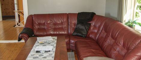 A red leather sofa with a black pillow, a wooden coffee table with papers and a glass, and a window with a plant.