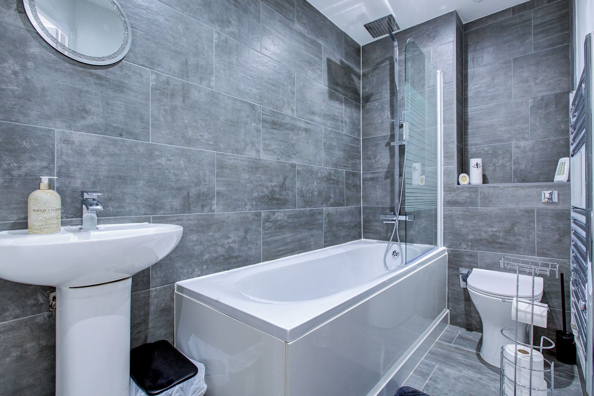 Hair dryer, towels, soap, toilet paper