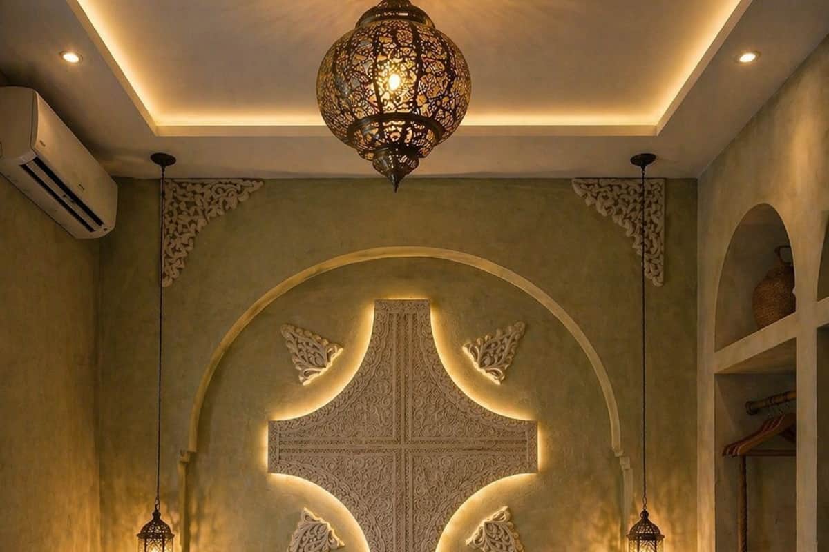 A bedroom with a cross-shaped wall design, two bedside lamps, and pillows labeled 'Riad Casa Saba'.