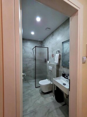 Bathtub, hair dryer, towels, soap