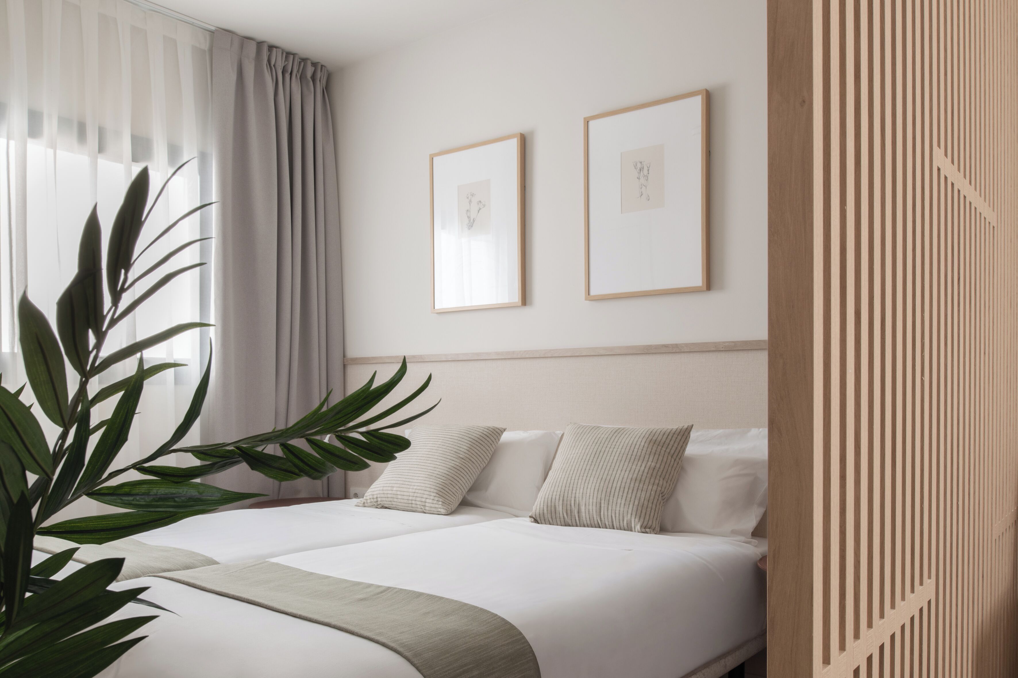 Habitación de hotel con una cama, dos cuadros en la pared, una planta en maceta y un separador de madera.