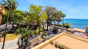 Un paseo marítimo con palmeras, una playa y un cielo azul despejado.