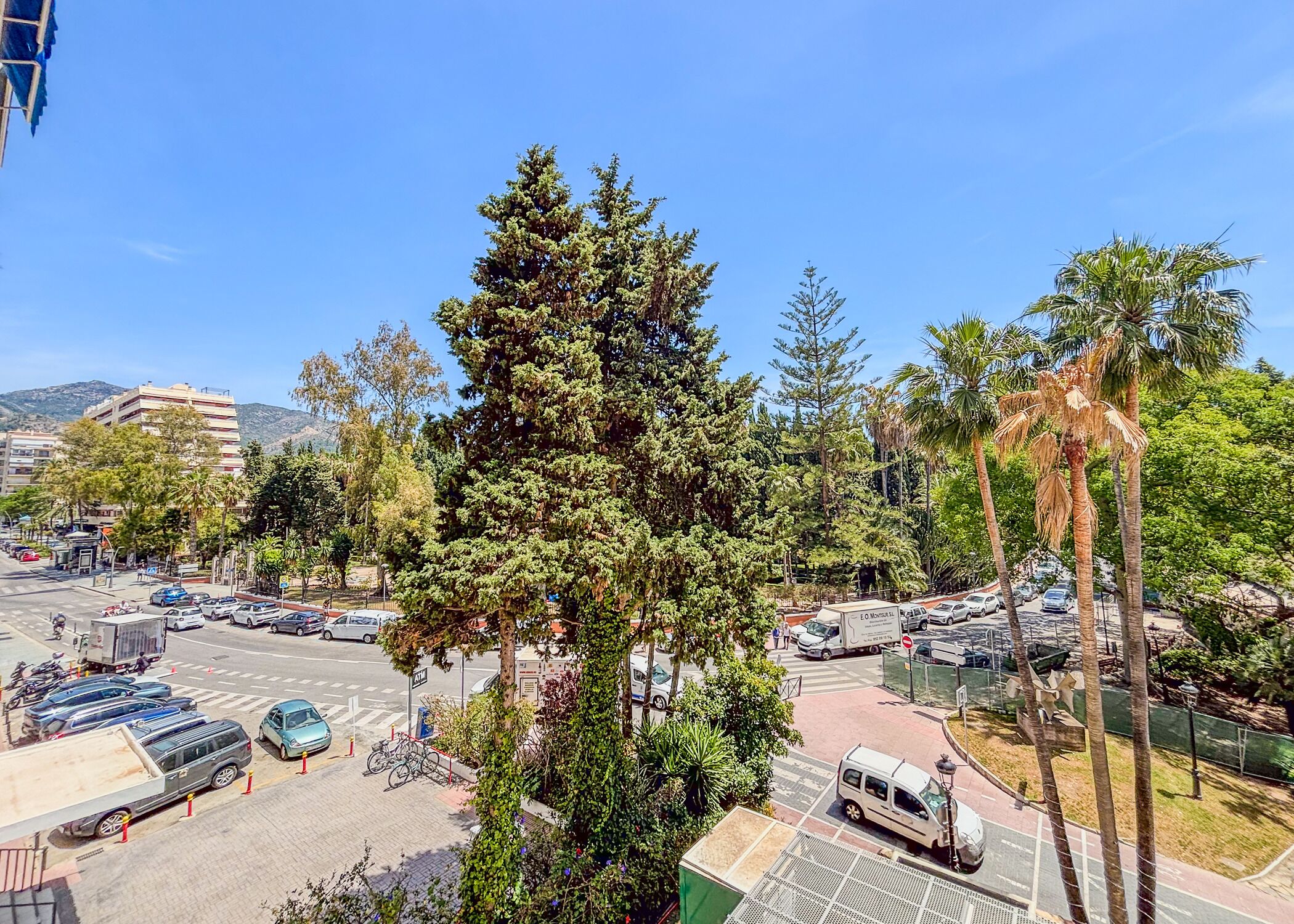 A street view with cars, trees, and a building in the background.