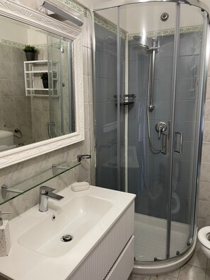 Douche, séchoir à cheveux, serviettes fournies