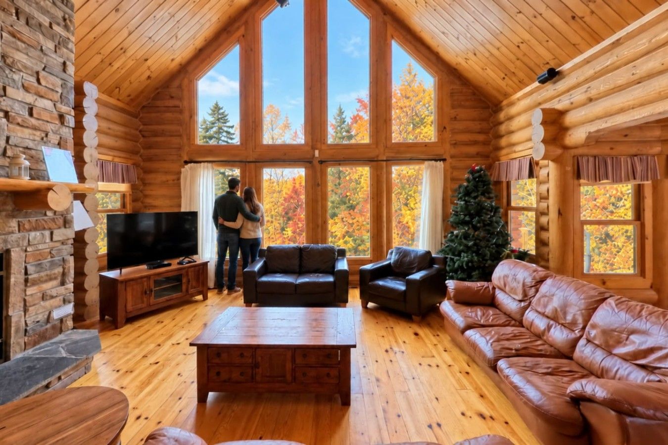L’intérieur d’une cabane en rondins, avec une cheminée en pierre, un téléviseur, des canapés en cuir et un sapin de Noël.