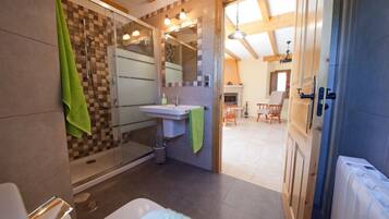 Shower, hair dryer, towels
