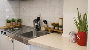 Une cuisine avec des meubles blancs, un évier en acier inoxydable et des plantes en pot.