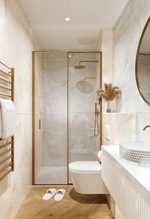 A modern bathroom with a glass-enclosed shower, a white toilet, and a wooden floor. - Agava Design Residence (Split)