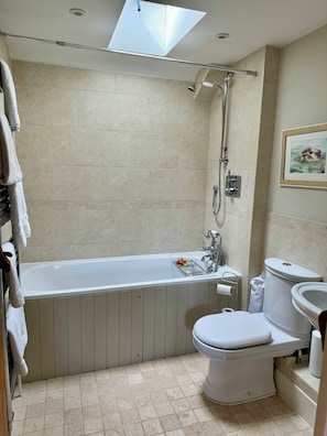 Hair dryer, towels, soap, toilet paper